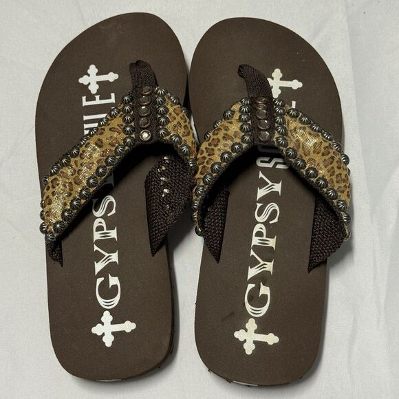 Shoes - Gypsy Soule Leopard Rhinestone Flip Flop Sandals Women’s Size 7 Boho Bling NWOT